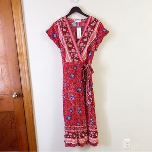 Halcyeen Red Floral Wrap Dress Midi Unlined Size XL NEW V-neck Tie Waist
